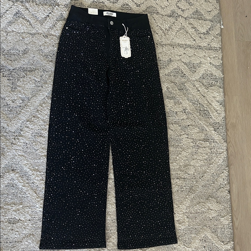 Rhinestone Black Wide Leg High waisted Jeans